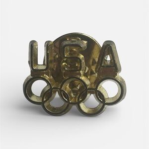Vintage USA Olympics Pin - Gold Tone Five Rings Lapel Pin